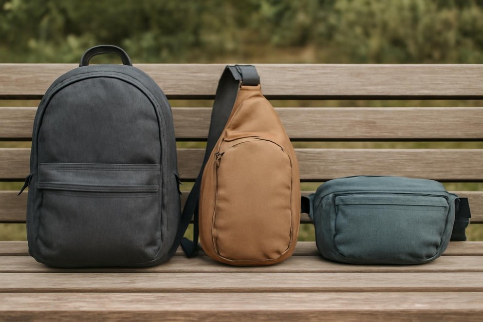 Three small bags — a compact daypack, a sling bag, and a waist pack — arranged on a wooden bench