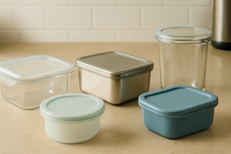 Assortment of glass, stainless steel, and silicone food storage containers on a kitchen counter