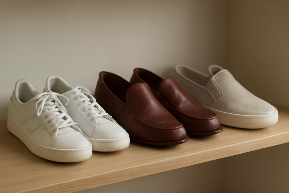 Three pairs of everyday shoes on a shelf: sneakers, leather loafers, and canvas slip-ons