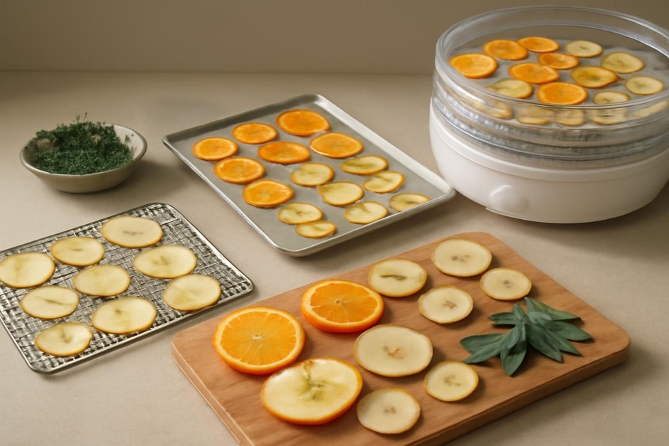 Sliced fruit and herbs drying on trays