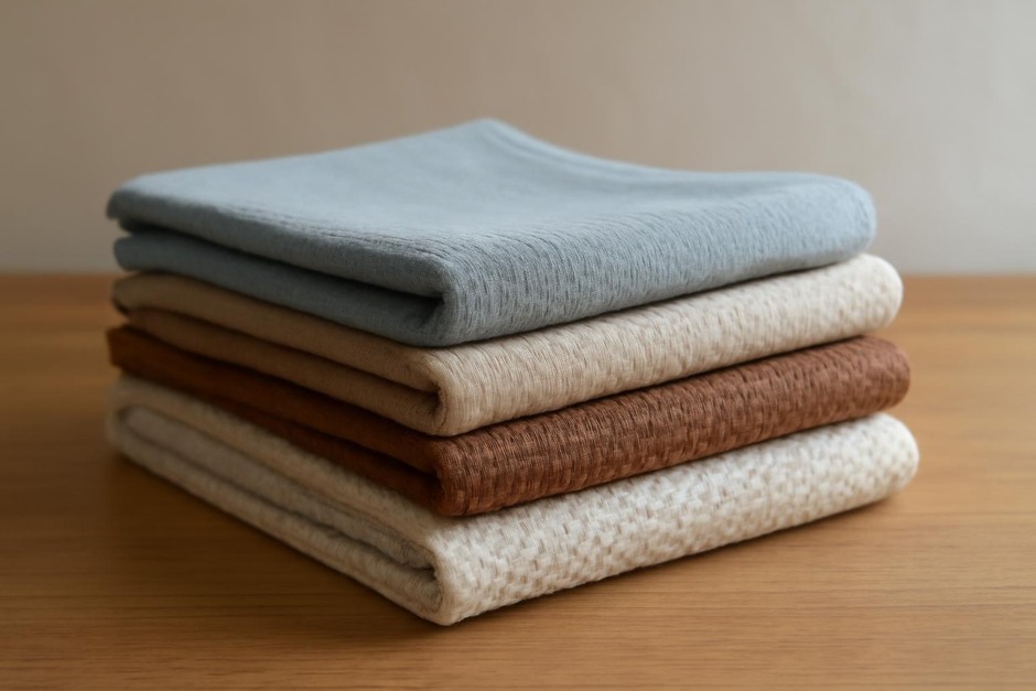 Stack of different kitchen towels showing varied textures and colors