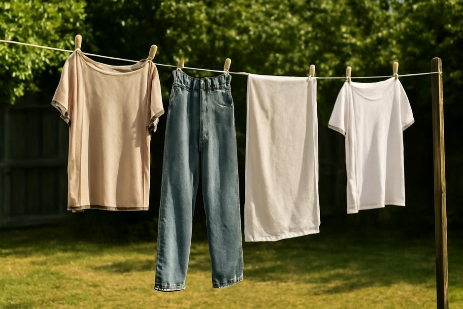 Clothes hanging on a backyard line in sunlight