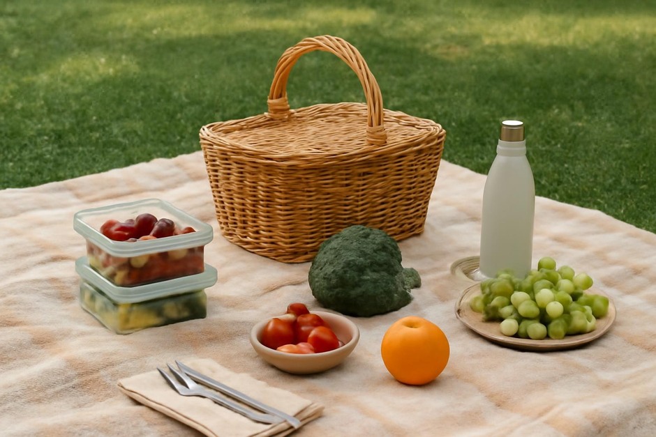 A picnic blanket with a basket, reusable containers, and seasonal produce on grass
