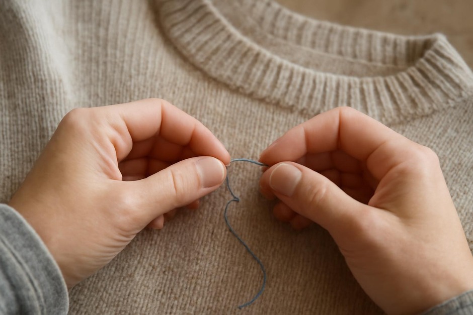 Close-up of hands sewing a small hole in a sweater