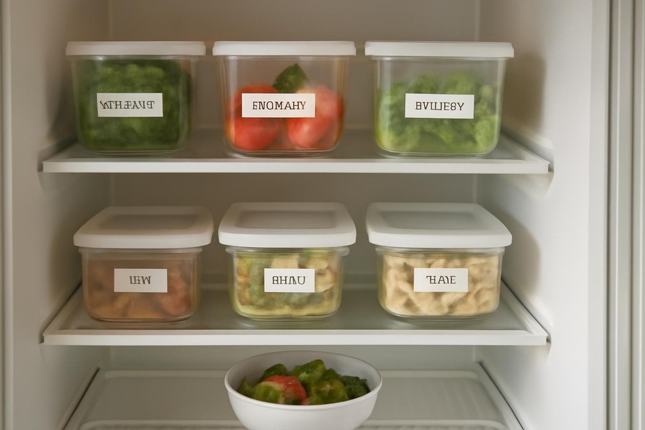 Open refrigerator with labeled containers and prepared meals on a shelf