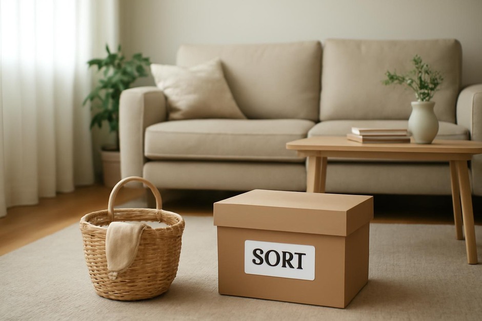 A tidy living room with a small basket for daily pickup next to a labeled box for sorting
