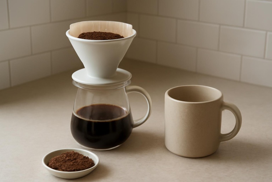 A small pour-over dripper and a cup on a kitchen counter
